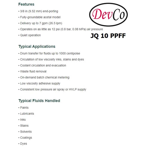 Pneumatic Diaphragm Pump JQ 10 PPFF Devco - 3/8" (Graco OEM)