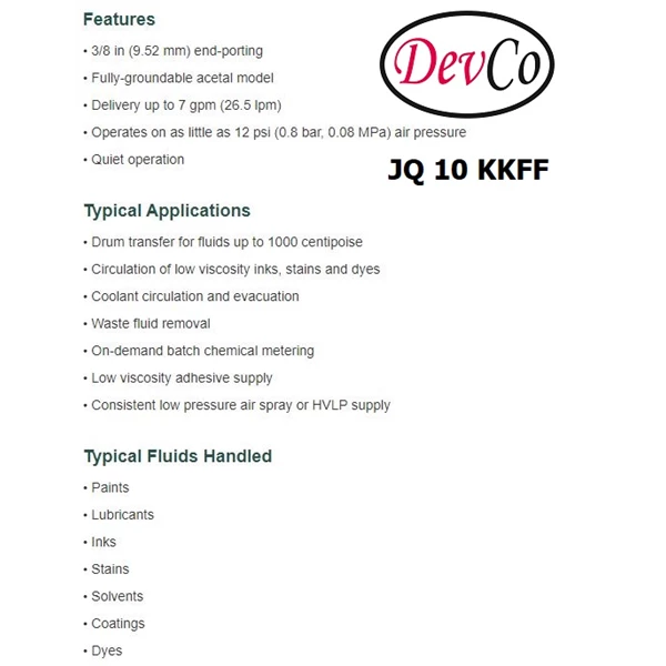 Pneumatic Diaphragm Pump JQ 10 KKFF Devco - 3/8" (Graco OEM)