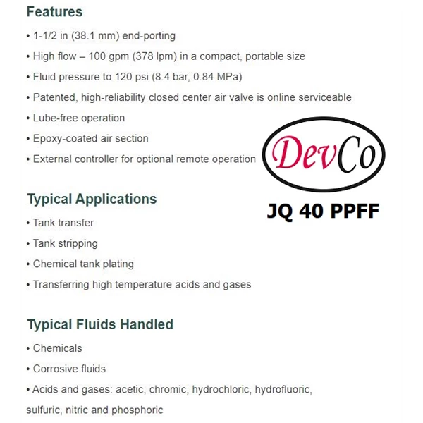 Pneumatic Diaphragm Pump JQ 40 PPFF Devco - 1.5" (Graco OEM)