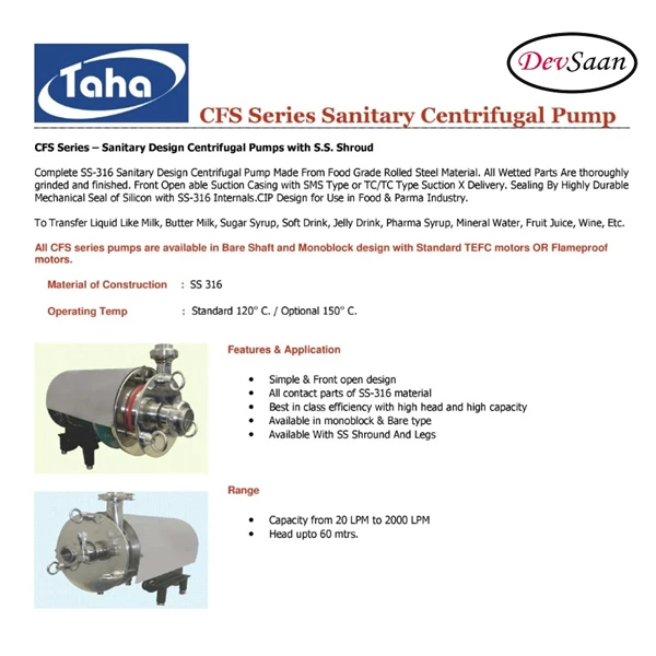 Sanitary Centrifugal Pump SS-316 CFS-5A - 50 mm x 38 mm - 250 Lpm 16 Mtr
