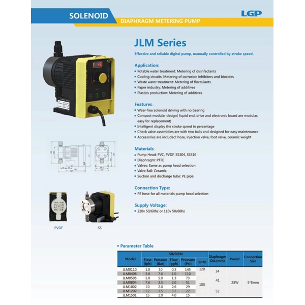 Pompa Dosing Solenoid JLM 0804 PVC Diaphragm Metering Pump - 7.6 LPH 3.5 Bar