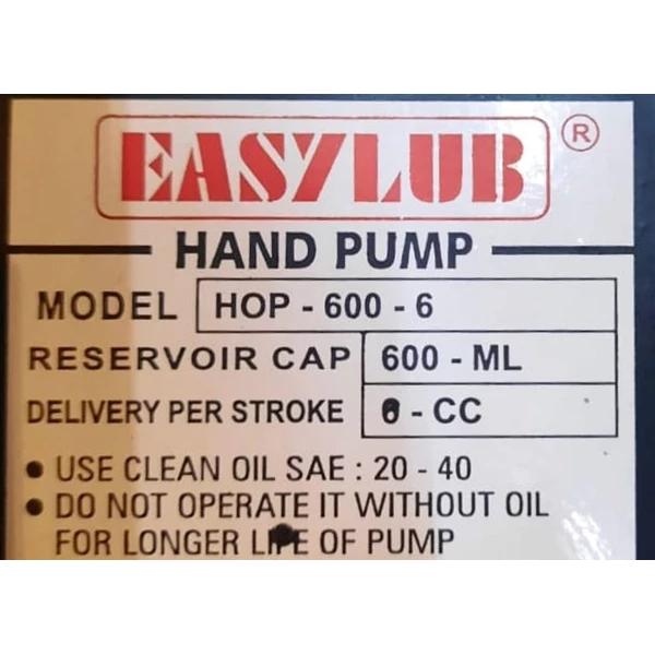 Lubrication Oil Pump HOP-600-6 Pompa Oli Manual - 600 ml. 6 cc 15 Bar