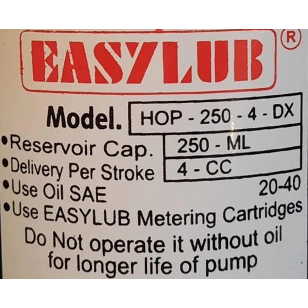 Lubrication Oil Pump HOP-250-4-DX - 250 ml. 4 cc 15 Bar
